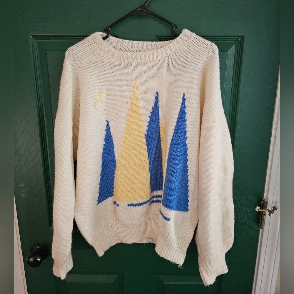 Vintage Cream Sweater with Blue and Yellow Sailboat Design